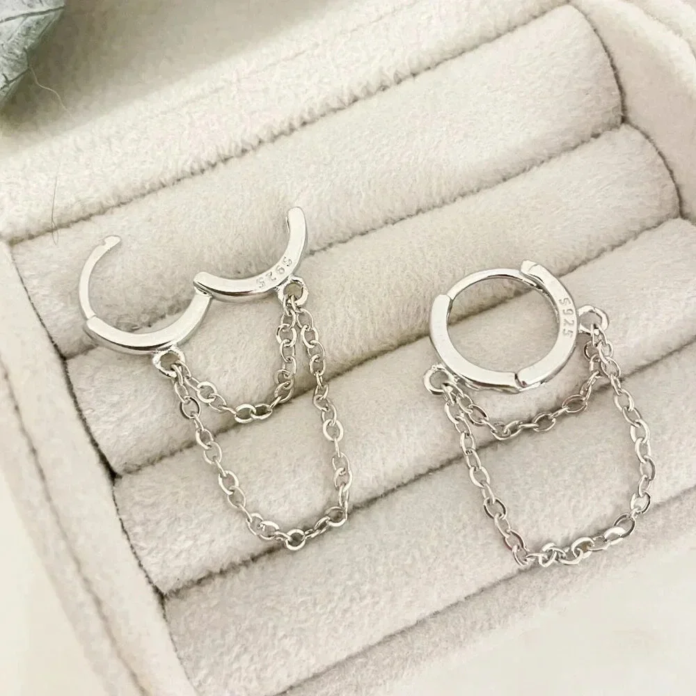 925 Sterling Silver Huggie Earrings Dangle Chain Earrings Small Hoops Huggies